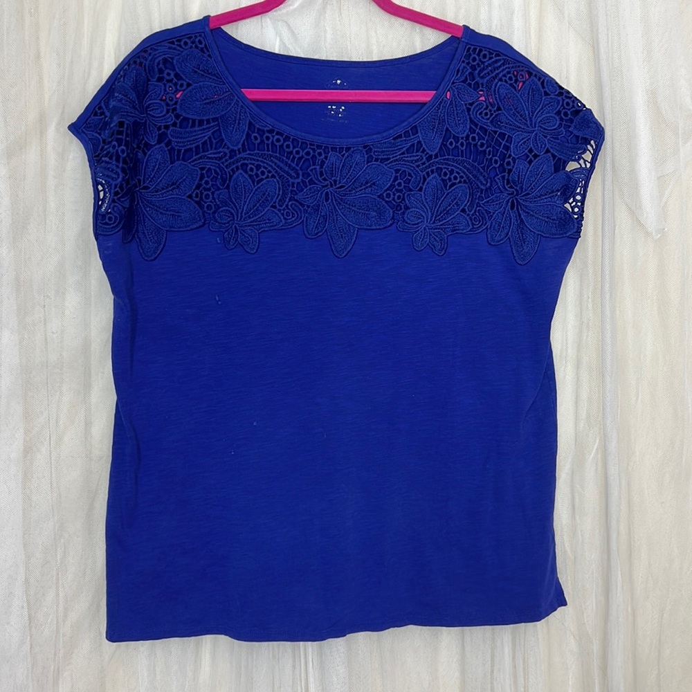 🌞 Royal blue sophisticated sheer floral lace sleeveless blouse women size L